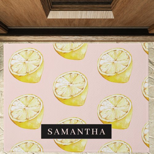 Modern Pink   Yellow Lemons Pattern With Name Doormat