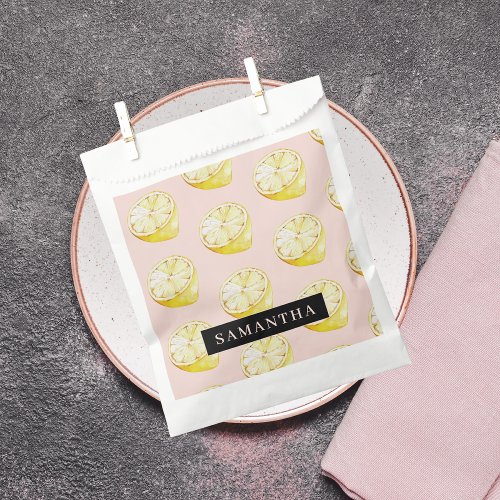 Modern Pink   Yellow Lemons Pattern With Name Favor Bag