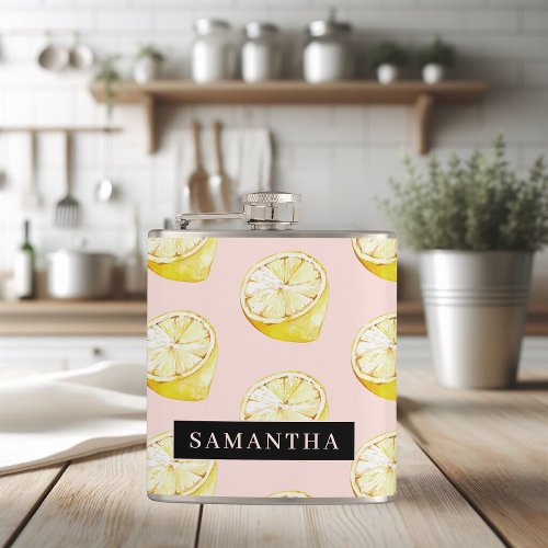 Modern Pink   Yellow Lemons Pattern With Name Flask