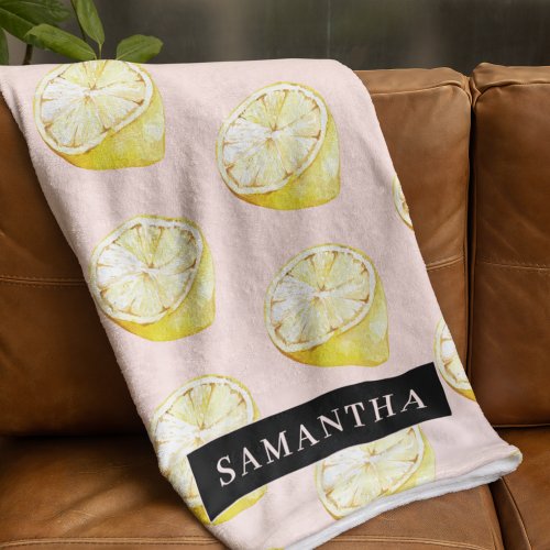 Modern Pink   Yellow Lemons Pattern With Name Fleece Blanket