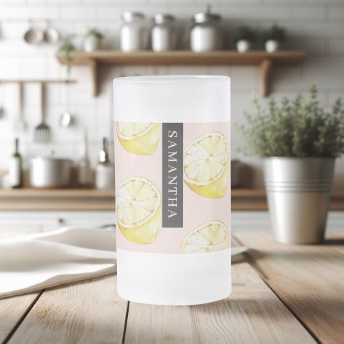 Modern Pink   Yellow Lemons Pattern With Name Frosted Glass Beer Mug