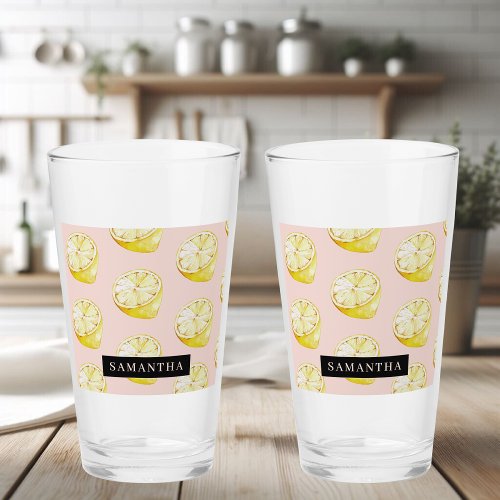 Modern Pink   Yellow Lemons Pattern With Name Glass