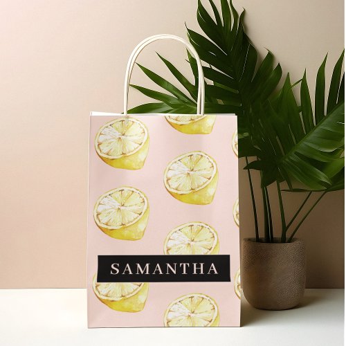 Modern Pink   Yellow Lemons Pattern With Name Large Gift Bag