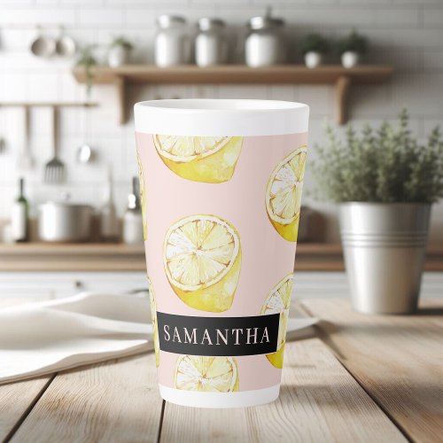 Modern Pink   Yellow Lemons Pattern With Name Latte Mug