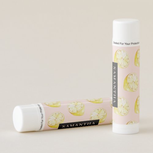 Modern Pink   Yellow Lemons Pattern With Name Lip Balm