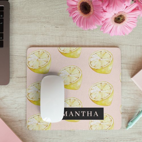 Modern Pink   Yellow Lemons Pattern With Name Mouse Pad