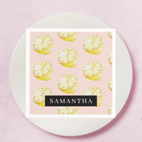 Modern Pink   Yellow Lemons Pattern With Name Napkins