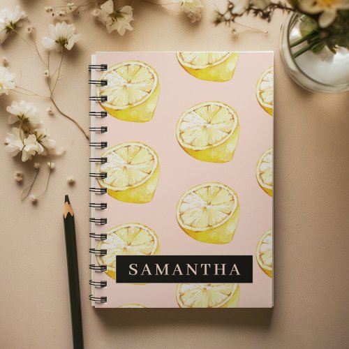 Modern Pink   Yellow Lemons Pattern With Name Notebook