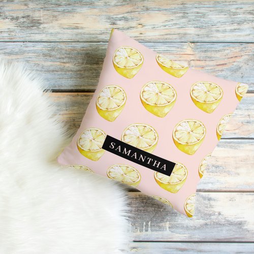 Modern Pink   Yellow Lemons Pattern With Name Outdoor Pillow