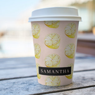 Modern Pink &  Yellow Lemons Pattern With Name Paper Cups