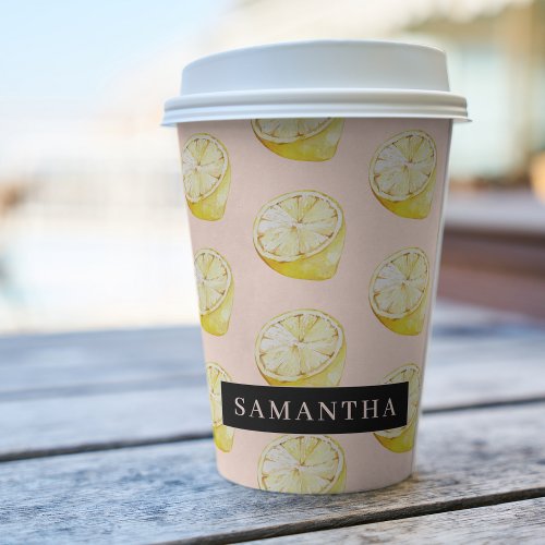 Modern Pink   Yellow Lemons Pattern With Name Paper Cups