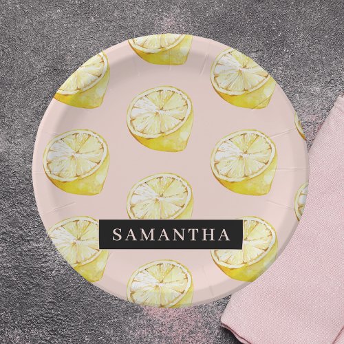 Modern Pink   Yellow Lemons Pattern With Name Paper Plates