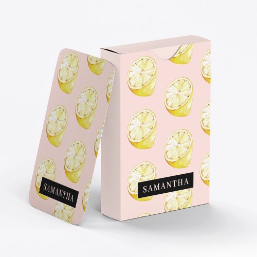 Modern Pink   Yellow Lemons Pattern With Name Playing Cards