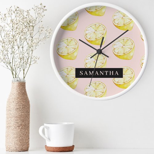 Modern Pink   Yellow Lemons Pattern With Name Round Clock