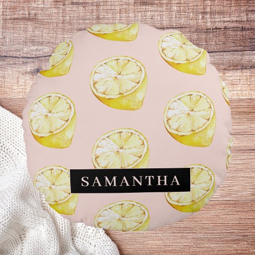 Modern Pink   Yellow Lemons Pattern With Name Round Pillow