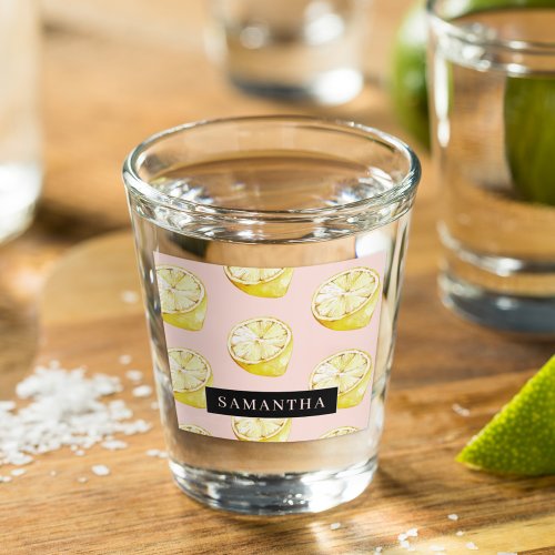 Modern Pink   Yellow Lemons Pattern With Name Shot Glass