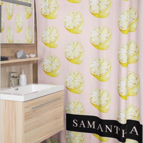 Modern Pink   Yellow Lemons Pattern With Name Shower Curtain