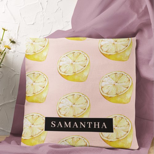 Modern Pink   Yellow Lemons Pattern With Name Throw Pillow