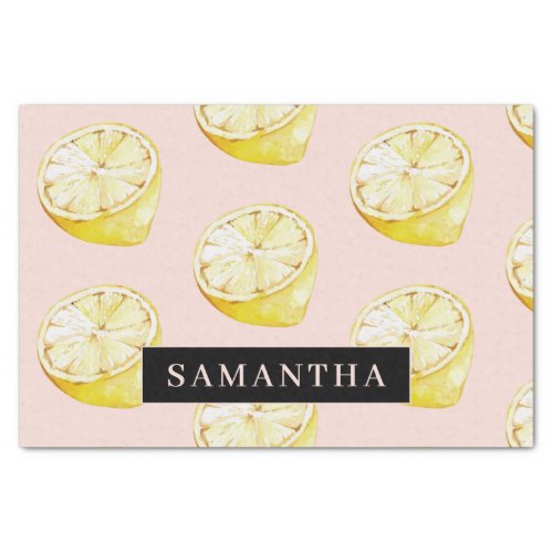 Modern Pink   Yellow Lemons Pattern With Name Tissue Paper