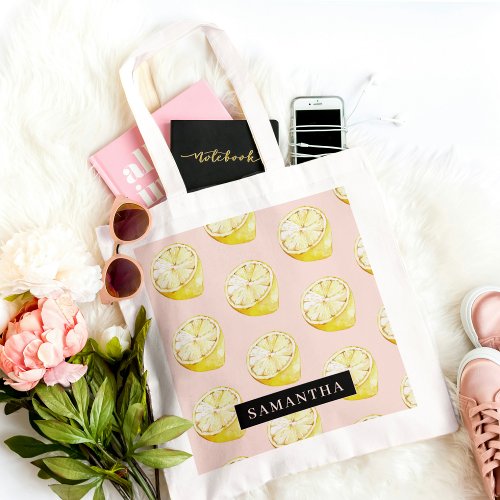 Modern Pink   Yellow Lemons Pattern With Name Tote Bag