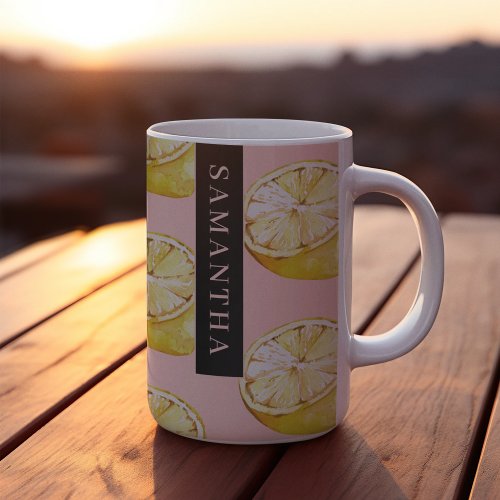 Modern Pink   Yellow Lemons Pattern With Name Two_Tone Coffee Mug