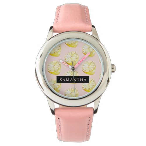 Modern Pink   Yellow Lemons Pattern With Name Watch