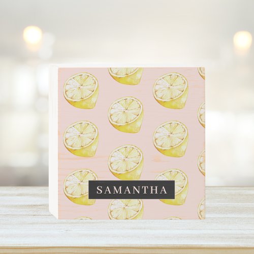 Modern Pink   Yellow Lemons Pattern With Name Wooden Box Sign