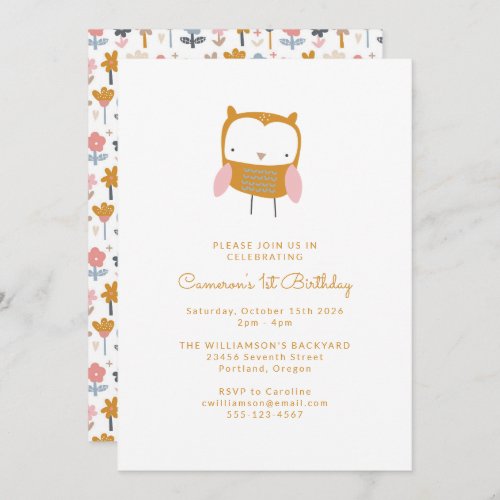 Modern Pink Yellow Owl Flower Simple 1st Birthday  Invitation
