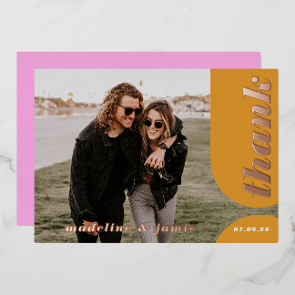 Modern Pink Yellow Retro Arch Wedding Thank You Foil Invitation