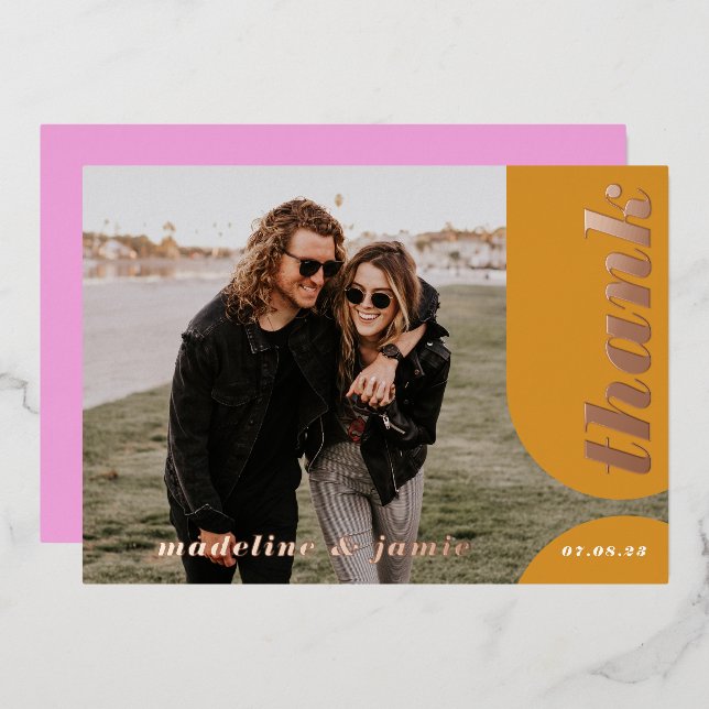Modern Pink Yellow Retro Arch Wedding Thank You Foil Invitation (Front/Back)