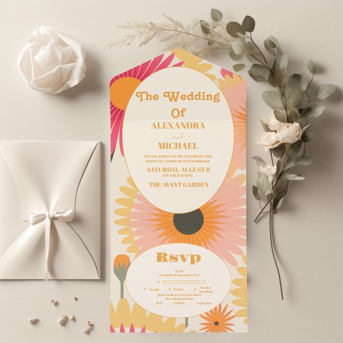 Modern Pink  Yellow Retro Floral Wedding All In One Invitation