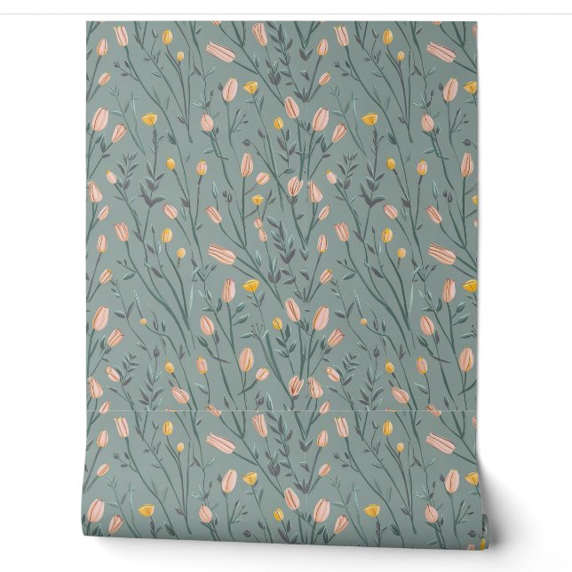 Modern pink yellow tiny flowers  wallpaper  (Unrolling)
