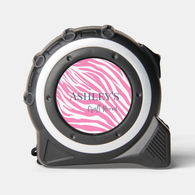 Modern Pink Zebra Custom Name Tape Measure (Front)