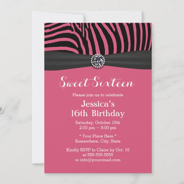 Modern Pink Zebra Stripes Black Ribbon Sweet 16 Invitation (Front)