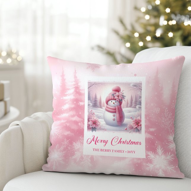 Modern Pinkmas Cozy Winter Forest Kids Gift Holida Throw Pillow (Modern Pinkmas Cozy Winter Forest Kids Gift Holiday Christmas Pillow)