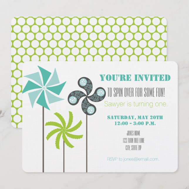 Modern Pinwheel Birthday Invite - Green Blue Gray  (Front/Back)