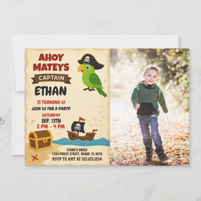Modern Pirate Birthday Invitation with photo (Front)