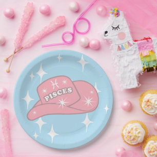 Modern Pisces Zodiac Cowgirl Hat Blue Party Paper Plates