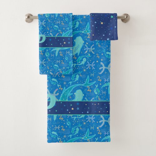 Modern Pisces Zodiac Monogram Aqua and Sea Green Bath Towel Set
