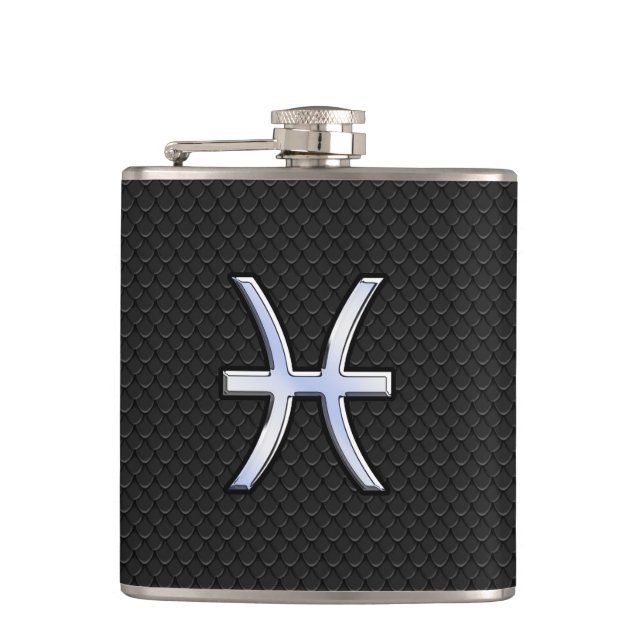 Modern Pisces Zodiac Sign Black Snake Skin style Flask (Front)