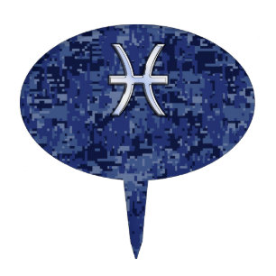 Modern Pisces Zodiac Sign Navy Blue Digital Camo Cake Topper