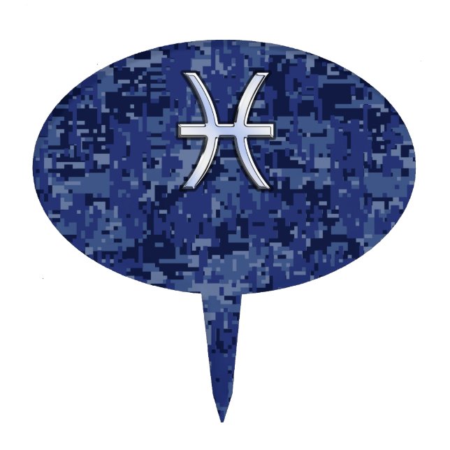 Modern Pisces Zodiac Sign Navy Blue Digital Camo Cake Topper (Front)