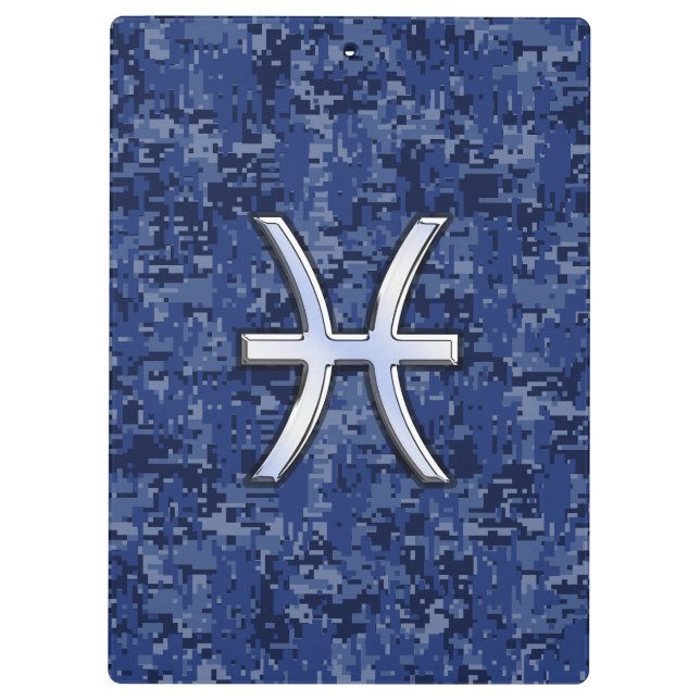 Modern Pisces Zodiac Sign Navy Blue Digital Camo Clipboard (Back)