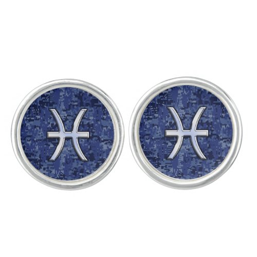 Modern Pisces Zodiac Sign Navy Blue Digital Camo Cufflinks