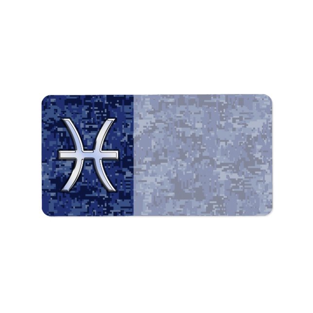 Modern Pisces Zodiac Sign Navy Blue Digital Camo Label (Front)
