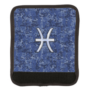 Modern Pisces Zodiac Sign Navy Blue Digital Camo Luggage Handle Wrap