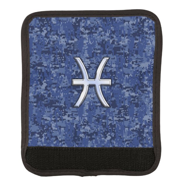 Modern Pisces Zodiac Sign Navy Blue Digital Camo Luggage Handle Wrap (Front)