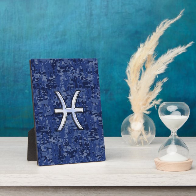 Modern Pisces Zodiac Sign Navy Blue Digital Camo Plaque (Side)