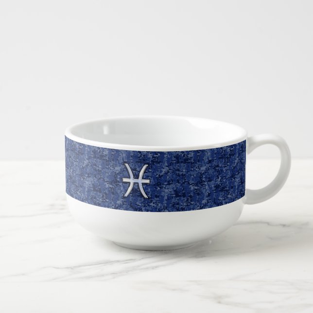 Modern Pisces Zodiac Sign Navy Blue Digital Camo Soup Mug (Left)