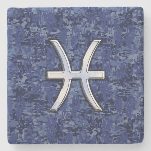 Modern Pisces Zodiac Sign Navy Blue Digital Camo Stone Coaster